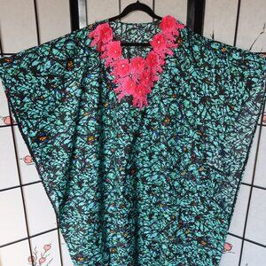 African Blue Floral Kaftan Bubu Gown With Pink Embellishments NWOT 1 Size